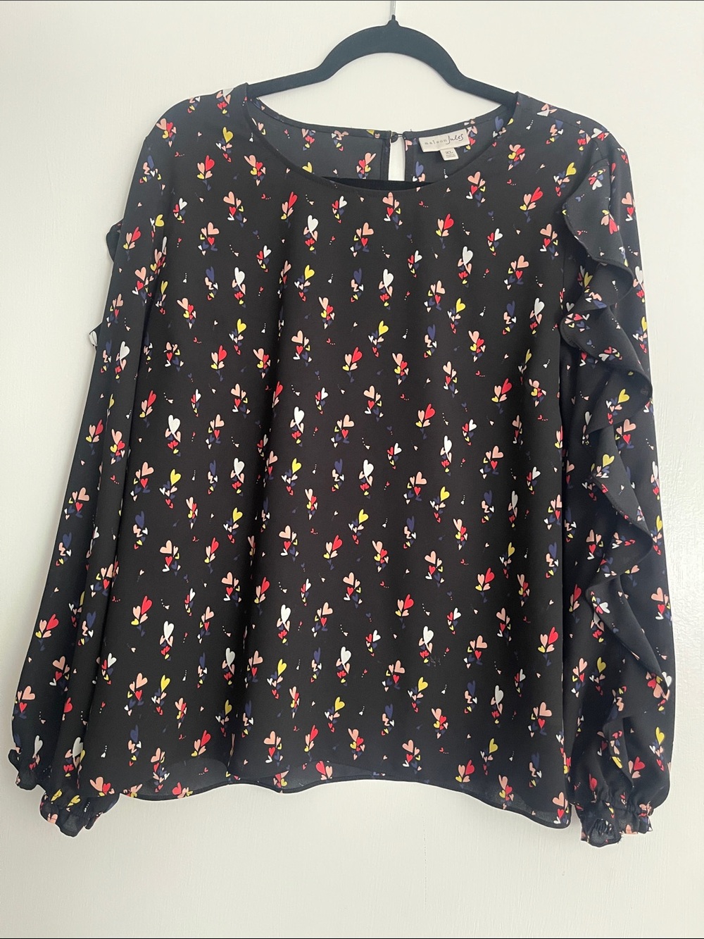 Maison Jules Black Floral Heart-Print Ruffle Sleeve Blouse